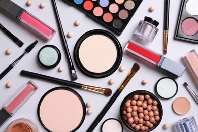 Photo of Composition with different cosmetic products on light grey background, top view
