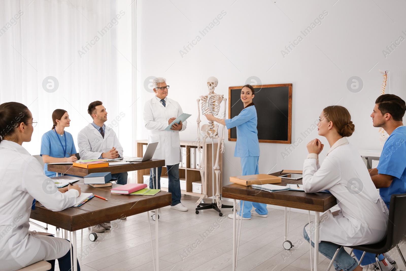 Photo of Medical students and professor studying human skeleton anatomy in classroom