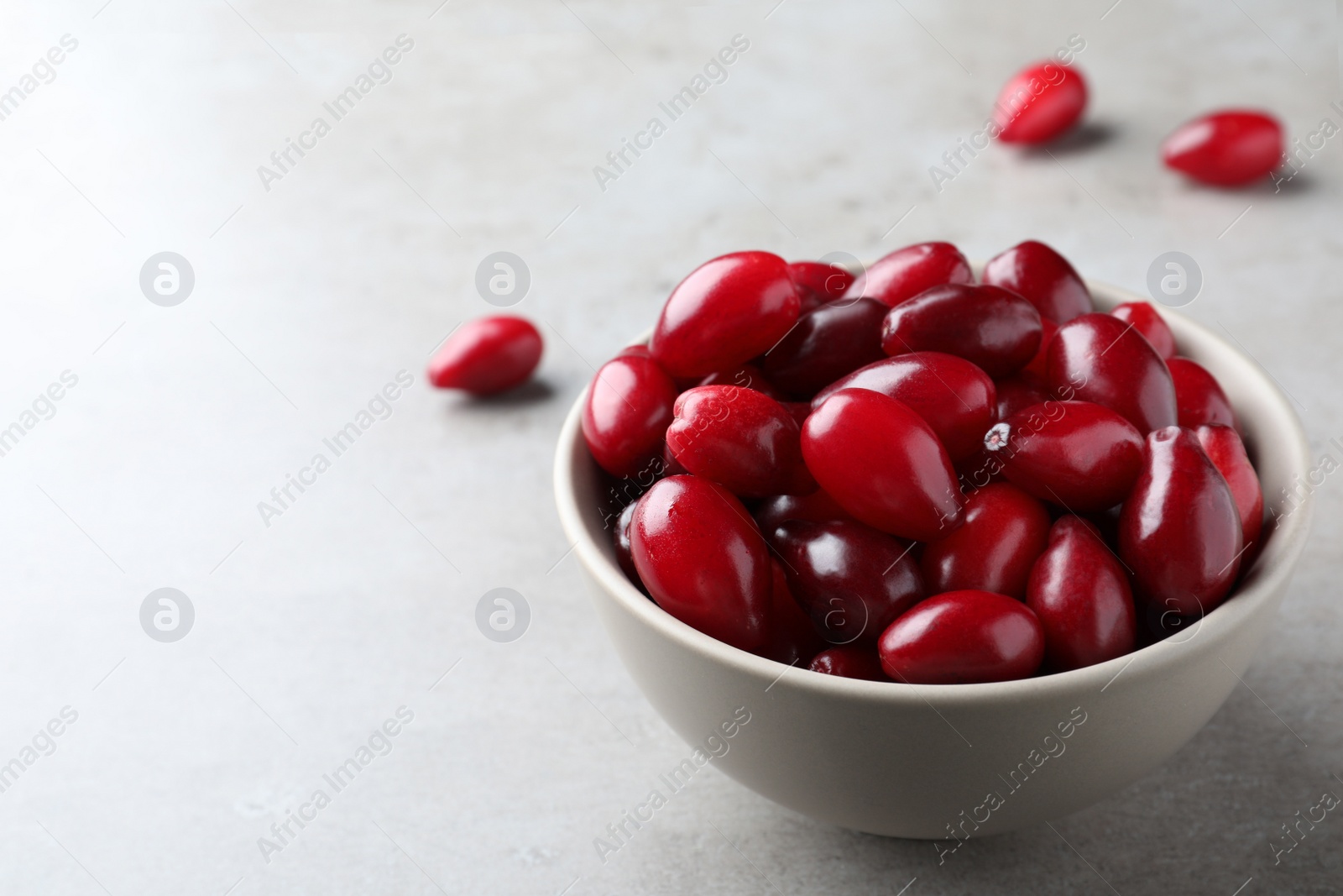 Photo of Fresh ripe dogwood berries in bowl on light grey table. Space for text