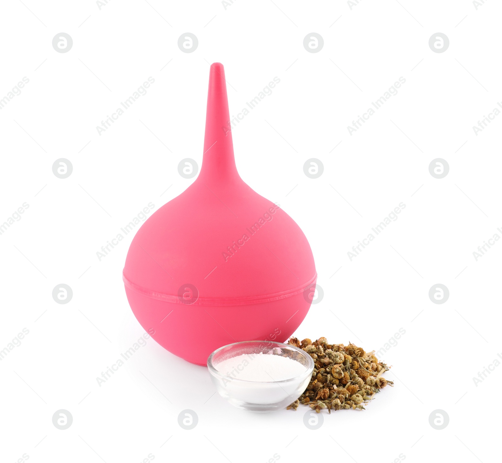 Photo of Pink enema, soda powder and dry chamomile flowers on white background