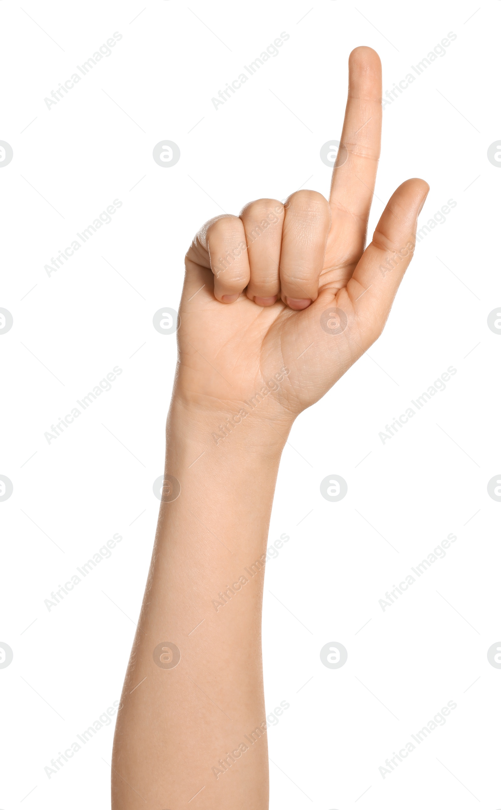 Photo of Woman pointing at something on white background, closeup of hand