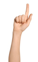 Photo of Woman pointing at something on white background, closeup of hand