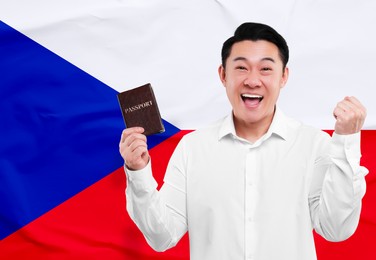 Immigration. Happy man with passport against national flag of Czech Republic, space for text