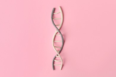 Photo of Plasticine model of DNA molecular chain on pink background, top view