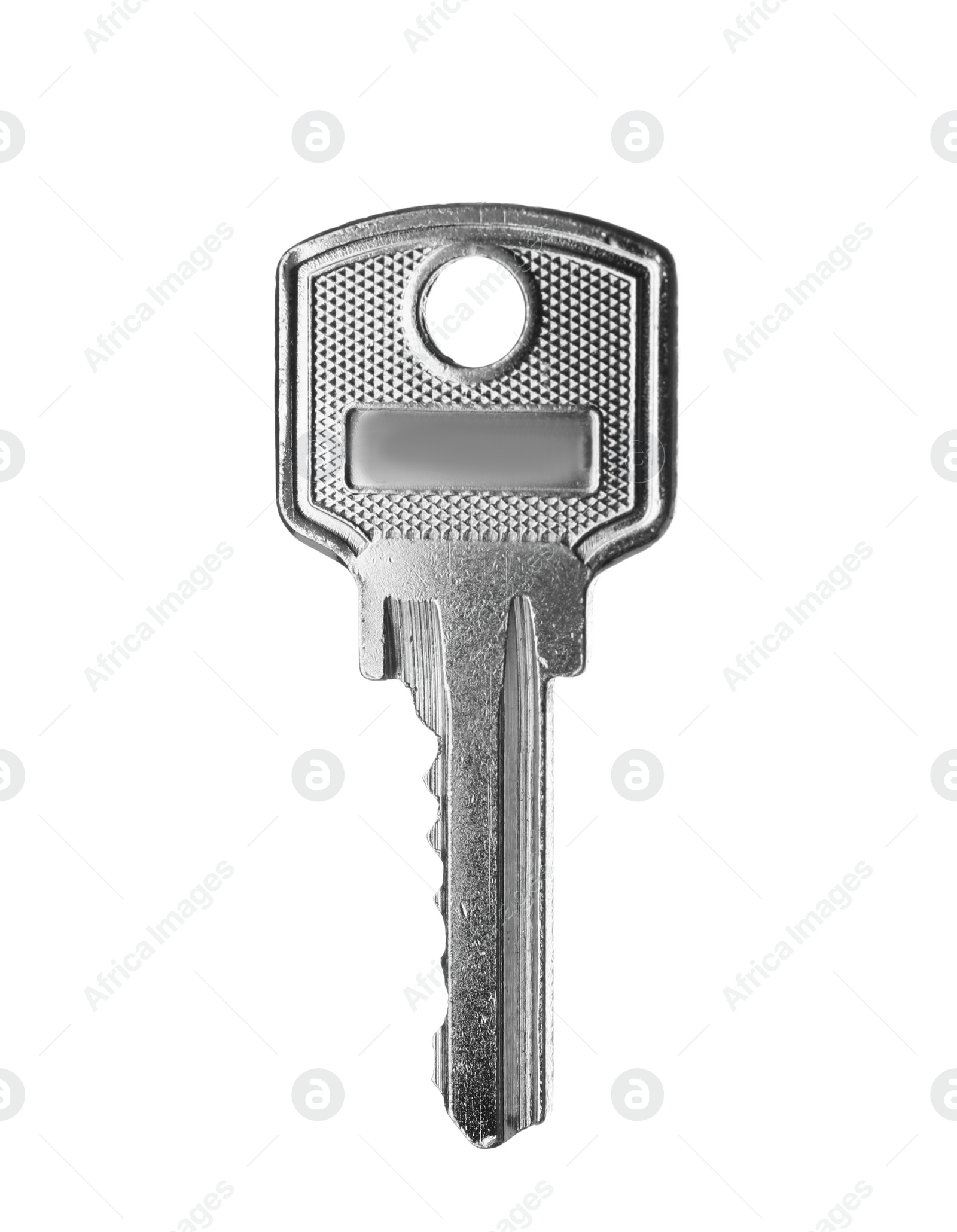 Photo of One modern steel key on white background