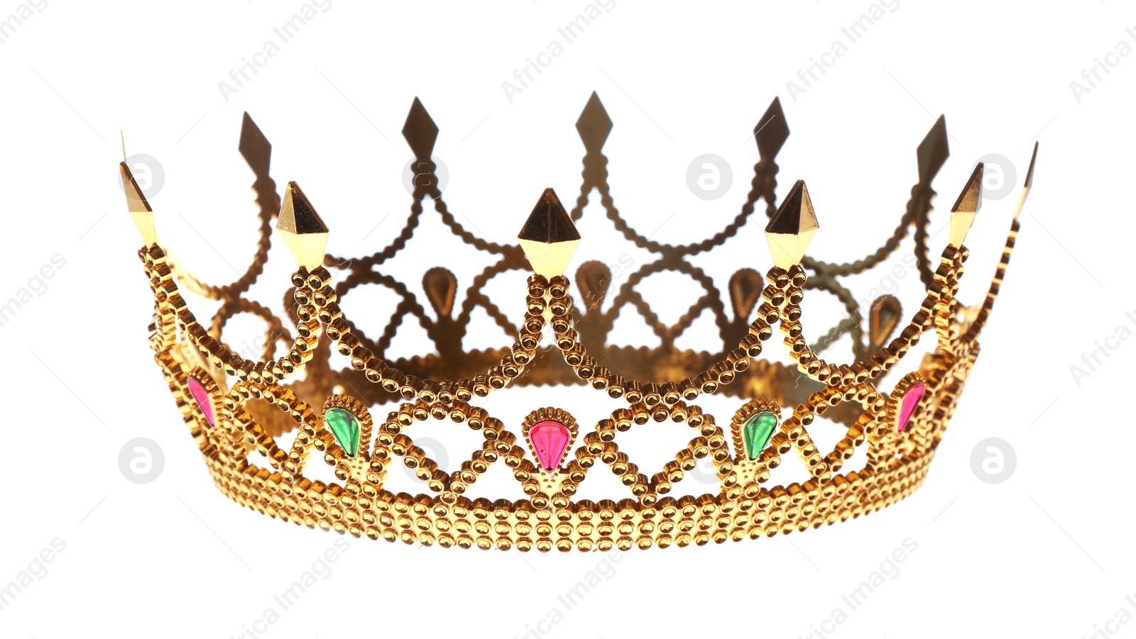 Photo of Beautiful golden crown on white background. Fantasy item