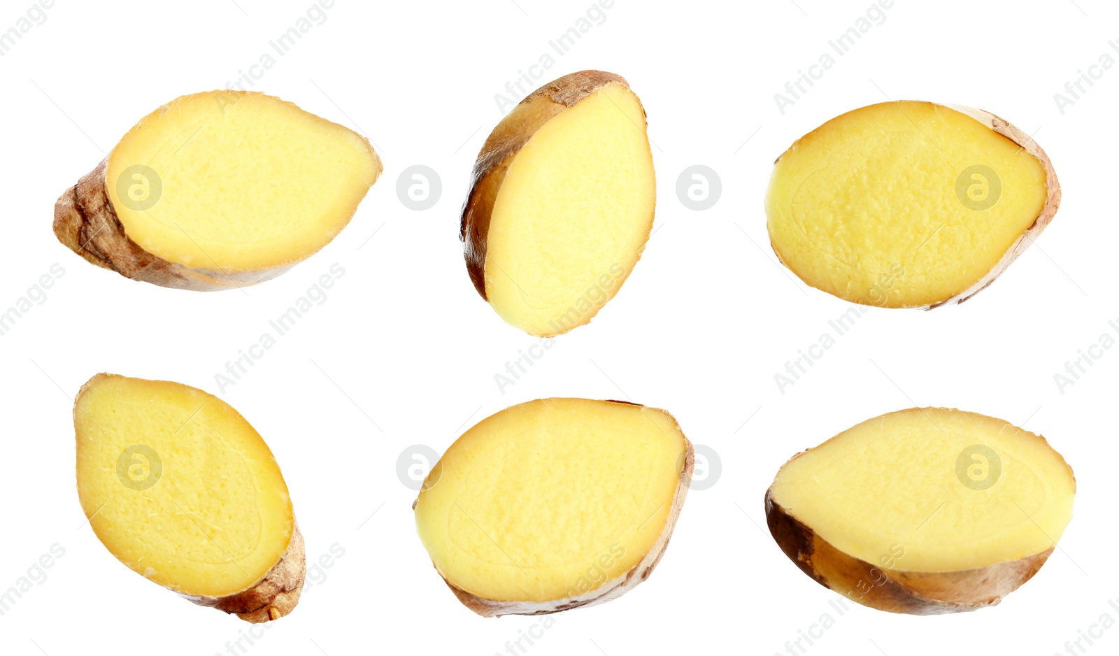 Image of Set of fresh ginger slices on white background