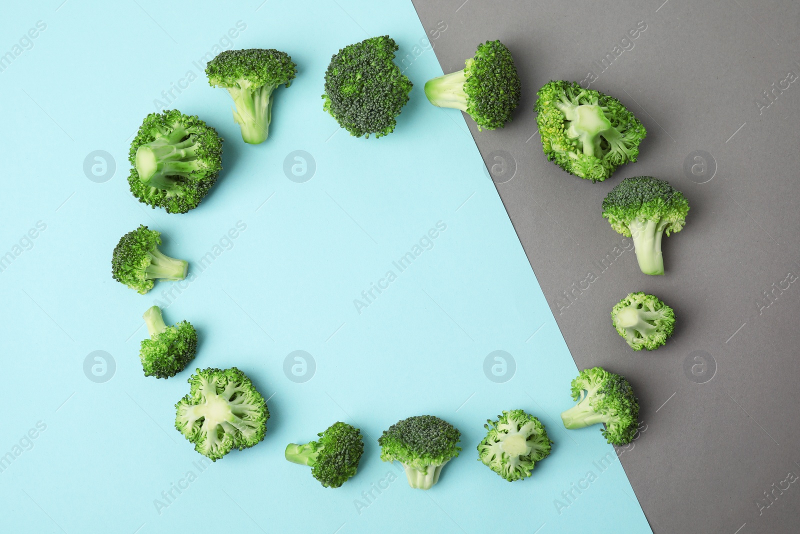 Photo of Frame made with fresh green broccoli on color background. Space for text