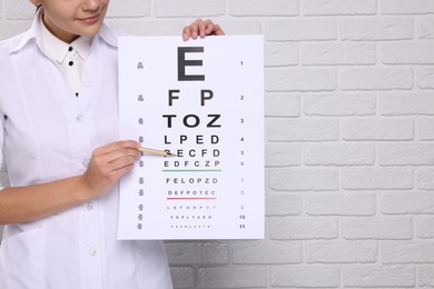 Photo of Ophthalmologist pointing at vision test chart near white brick wall, closeup. Space for text