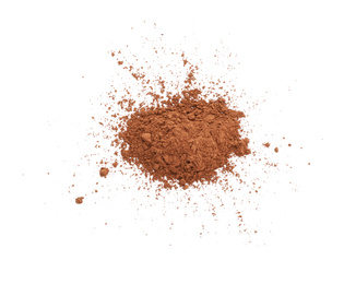 Photo of Pile of brown cocoa powder on white background
