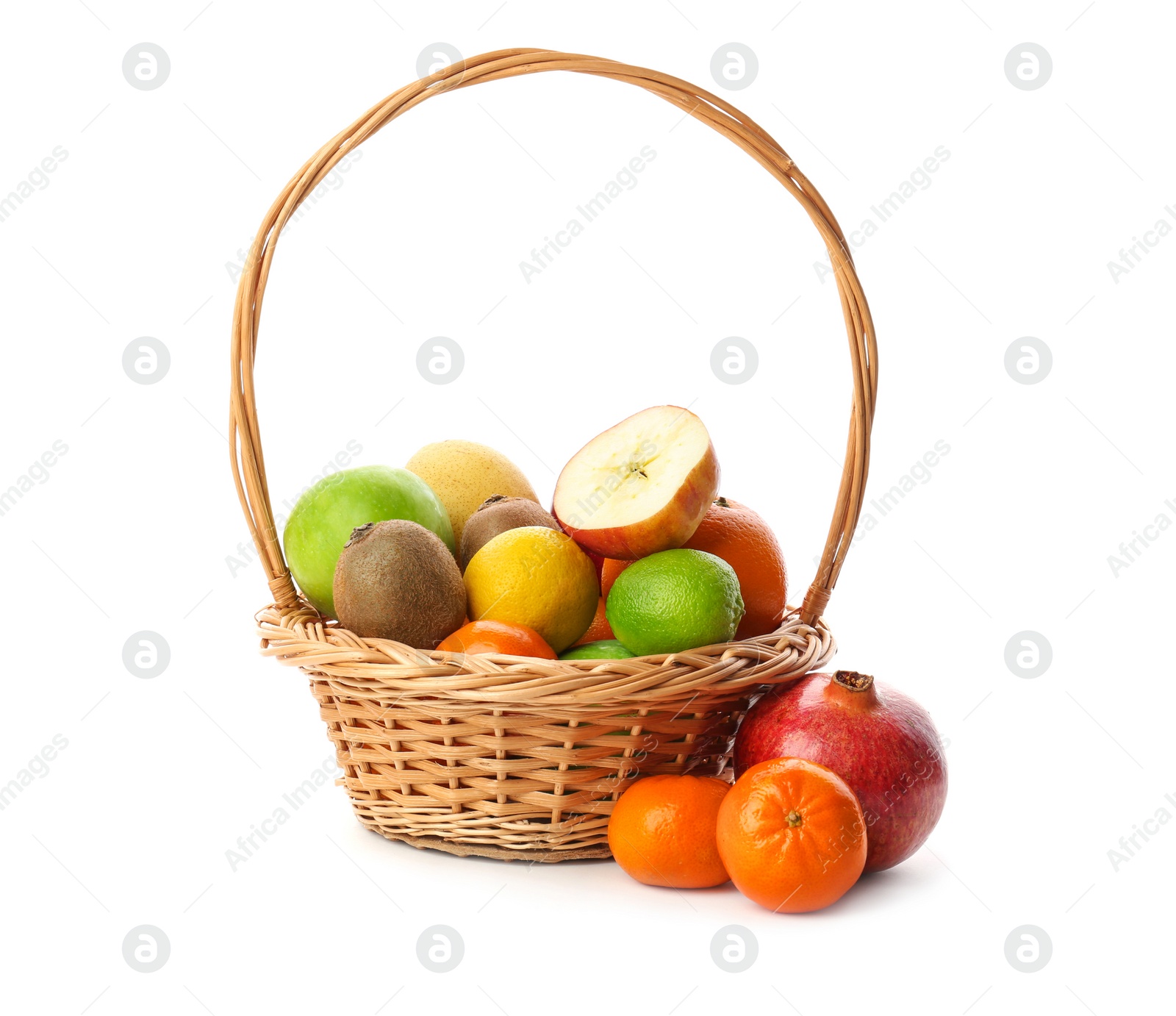 Photo of Basket with fresh tropical fruits on white background