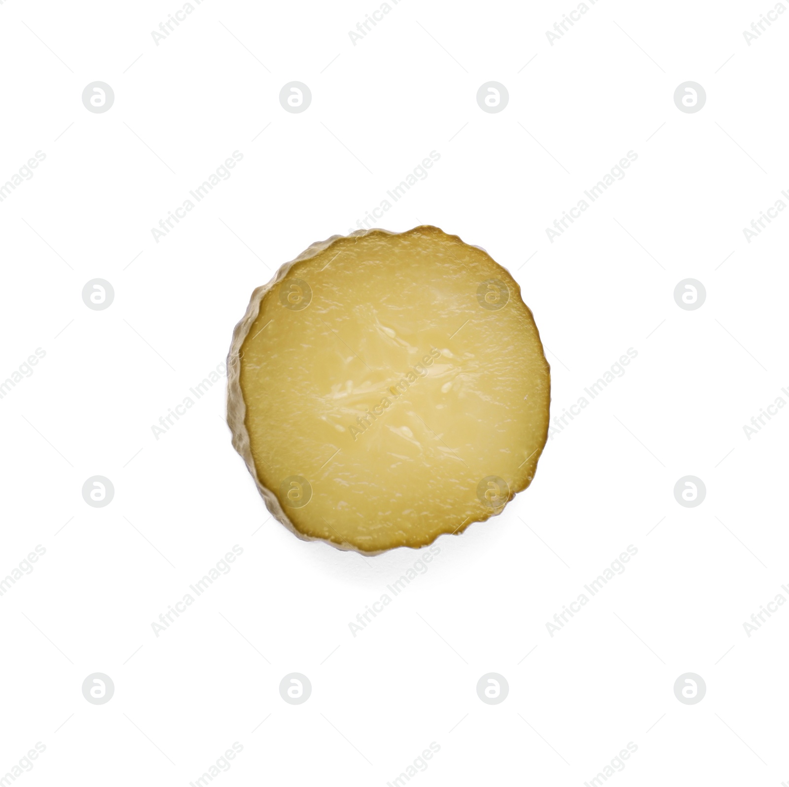 Photo of Slice of tasty pickled cucumber on white background, top view