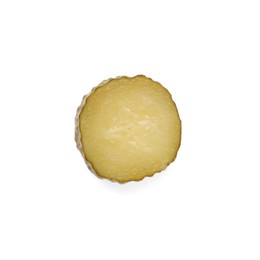 Photo of Slice of tasty pickled cucumber on white background, top view