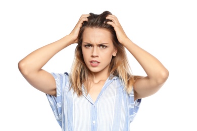 Photo of Portrait of emotional woman on white background