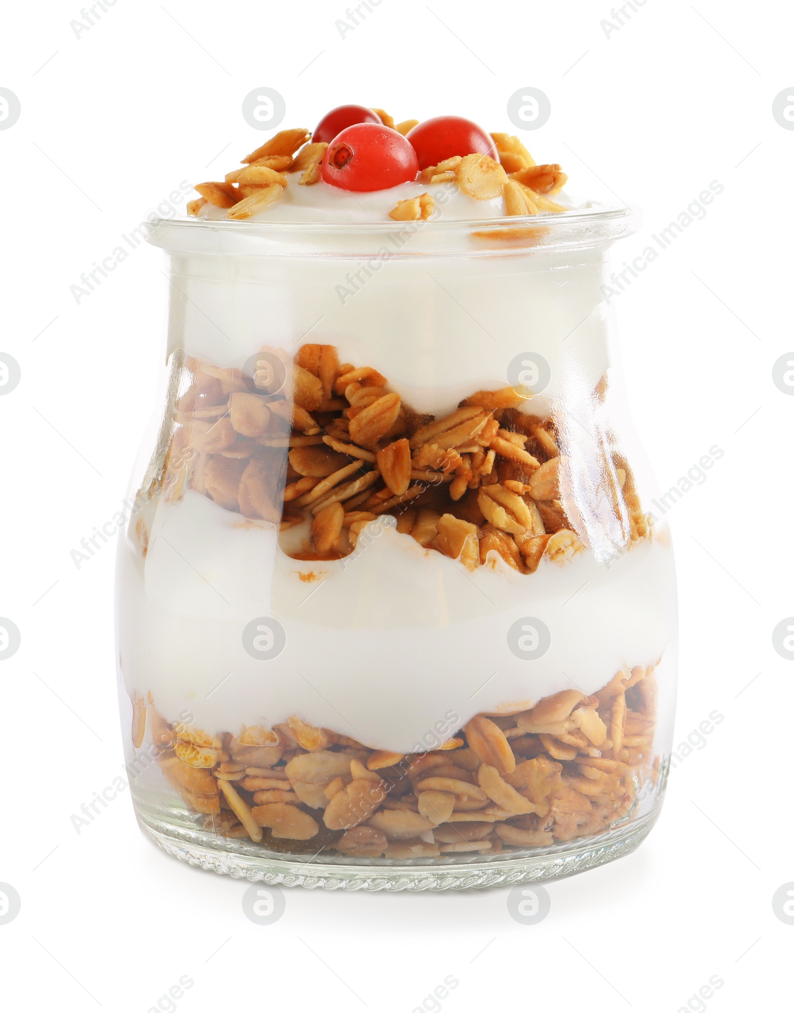 Photo of Jar with yogurt, berries and granola on white background