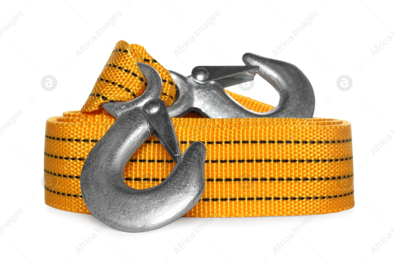 Photo of Towing strap with steel hooks isolated on white. Car safety