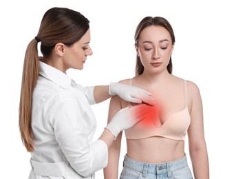 Image of Mammologist checking woman's breast on white background