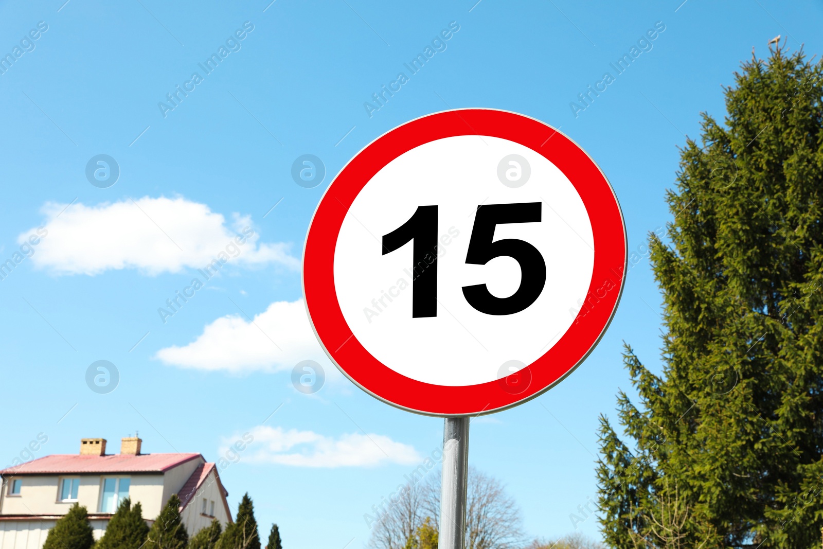 Image of Road sign Maximum speed limit against blue sky