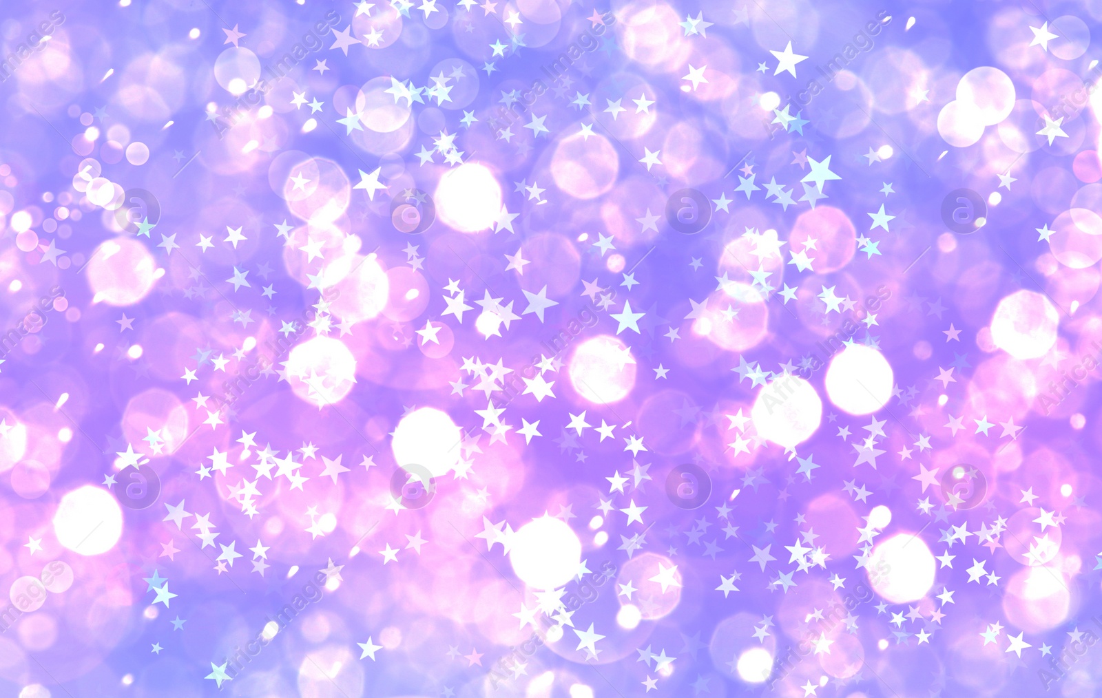 Image of Many beautiful shimmering stars and blurred lights on violet background. Bokeh effect