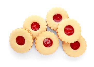 Traditional Christmas Linzer cookies with sweet jam on white background