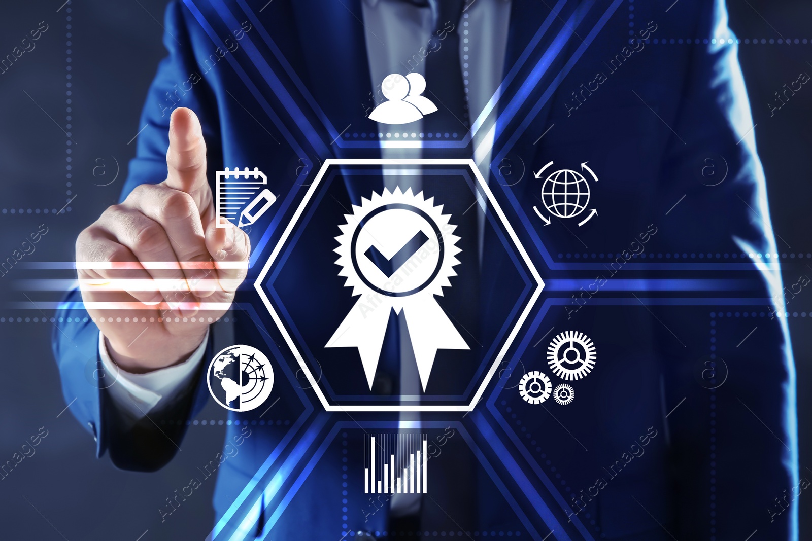 Image of Man pointing at virtual screen with different icons, closeup