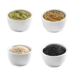 Image of Set of different delicious sauces and condiments on white background