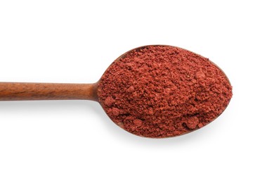 Photo of Dried cranberry powder in spoon isolated on white, top view