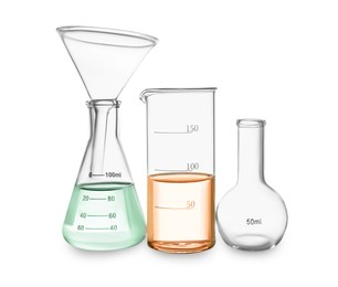 Different laboratory glassware with colorful liquids isolated on white