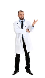 Photo of Full length portrait of male doctor isolated on white. Medical staff