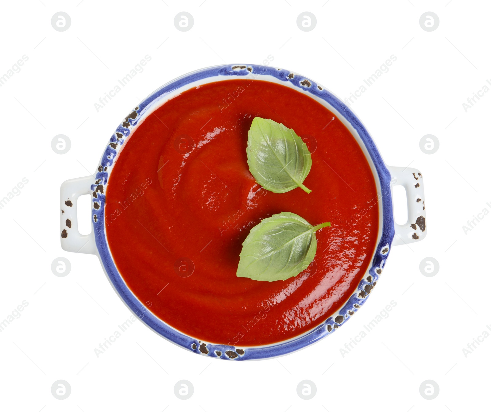 Photo of Dish with fresh homemade tomato soup on white background, top view