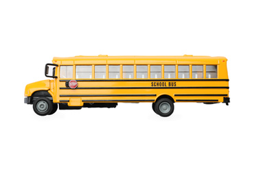 Photo of Yellow school bus on white background, top view. Transport for students