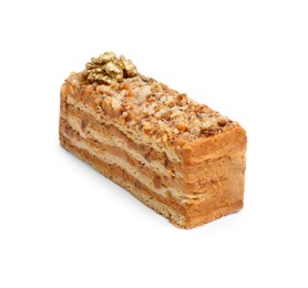 Photo of Piece of delicious layered honey cake isolated on white