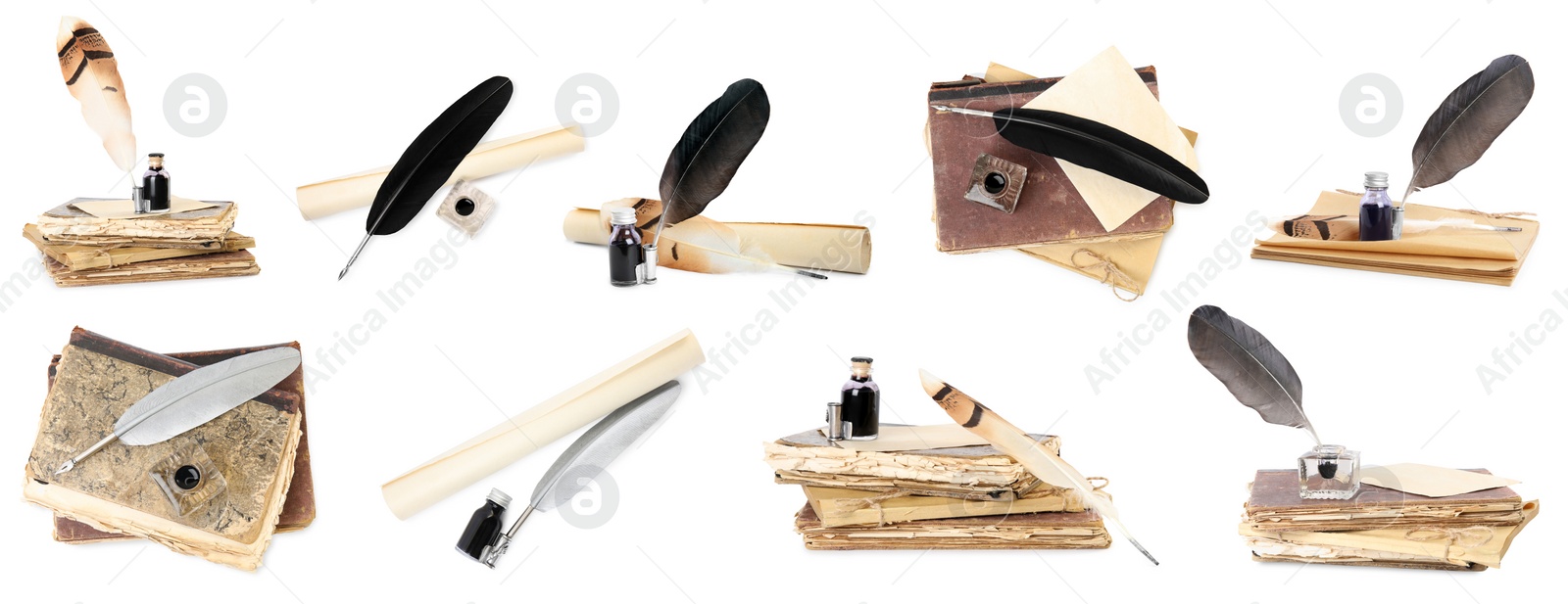 Image of Set with quills, inks and old books on white background, banner design