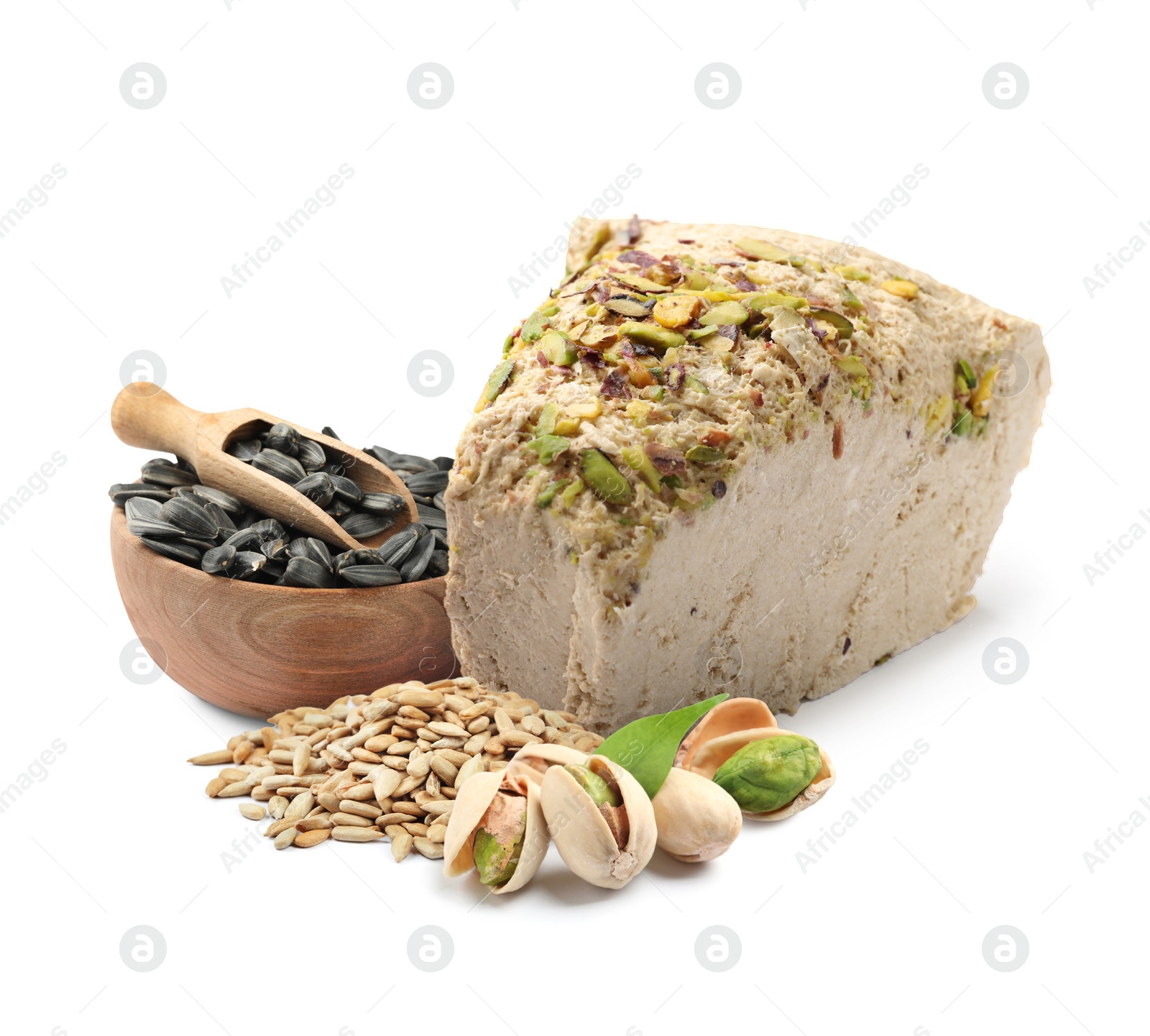 Image of Tasty halva with pistachios and sunflower seeds isolated on white