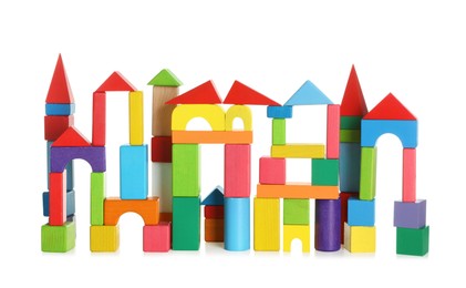 Building made of colorful wooden blocks on white background