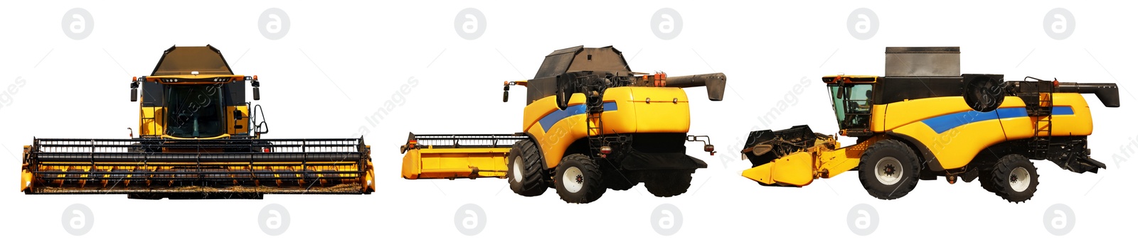 Image of Modern combine harvester on white background, views from different sides. Agricultural machinery