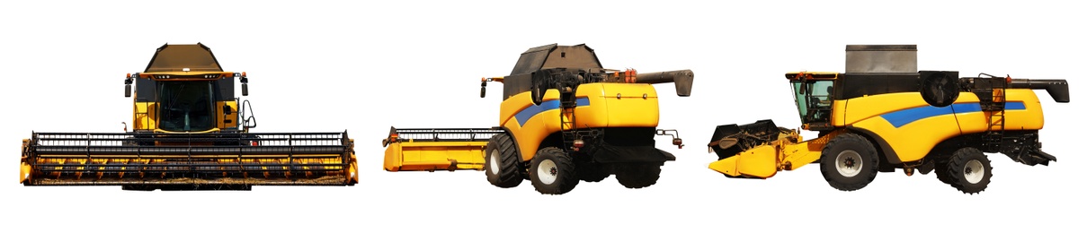 Image of Modern combine harvester on white background, views from different sides. Agricultural machinery