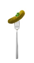 Image of Fork with pickled cucumber isolated on white