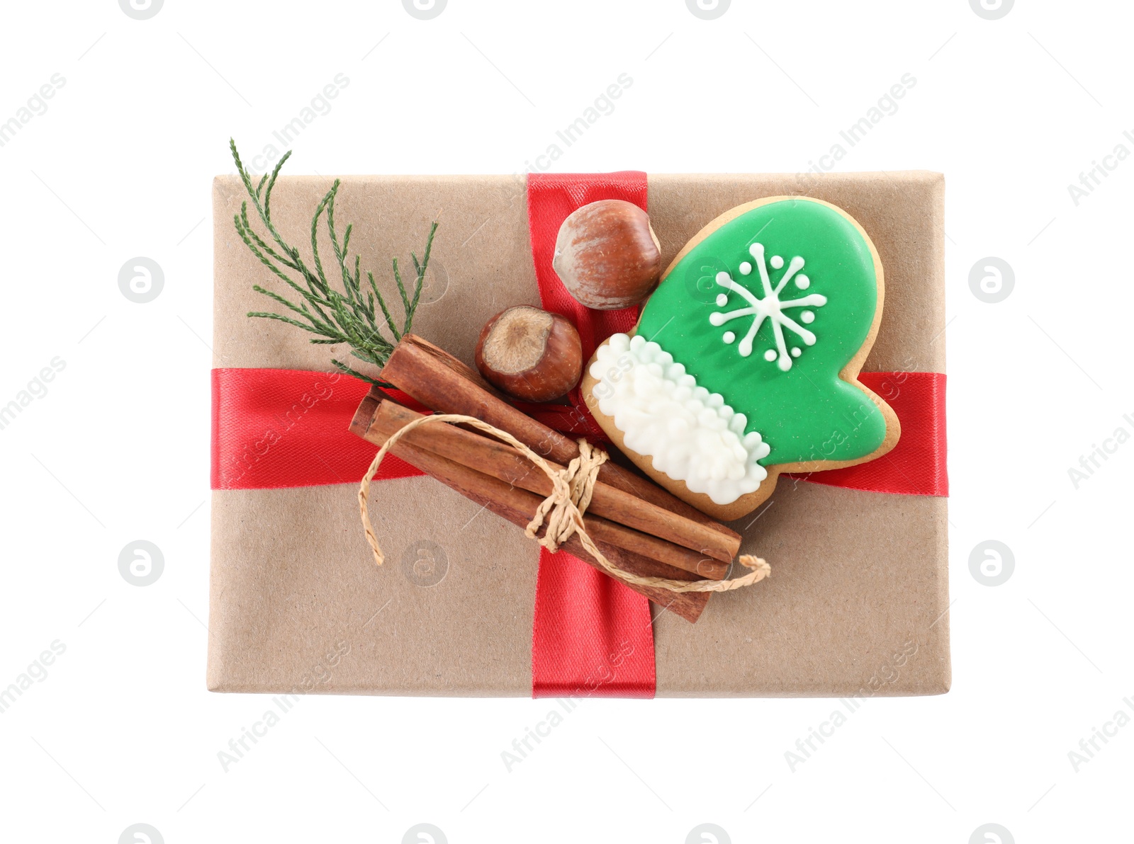 Photo of Christmas gift box with decoration on white background, top view