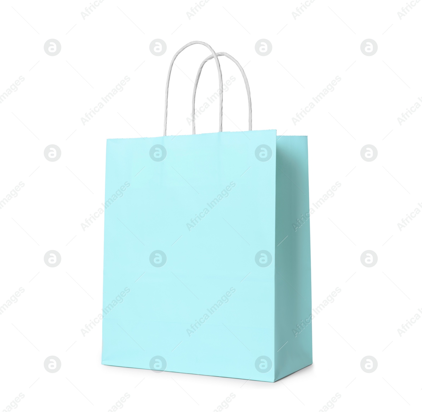 Photo of Turquoise gift paper bag on white background