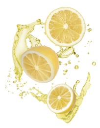 Image of Lemon slices and splash of juice on white background