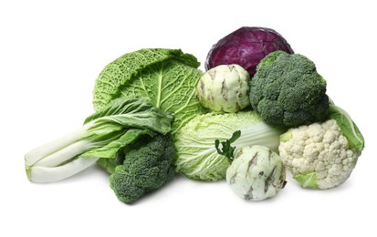 Photo of Many different types of fresh cabbage on white background