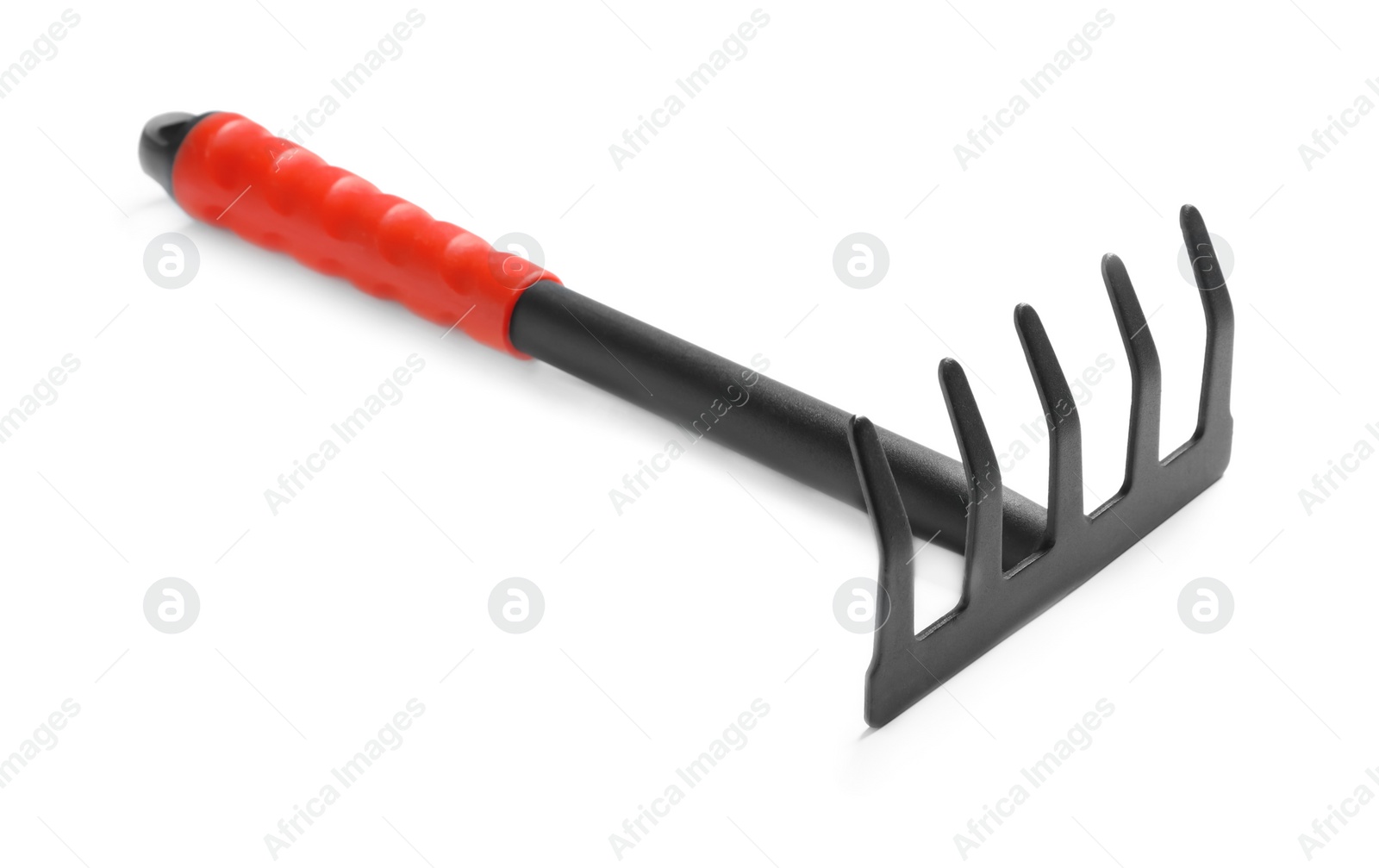 Photo of New rake on white background. Professional gardening tool