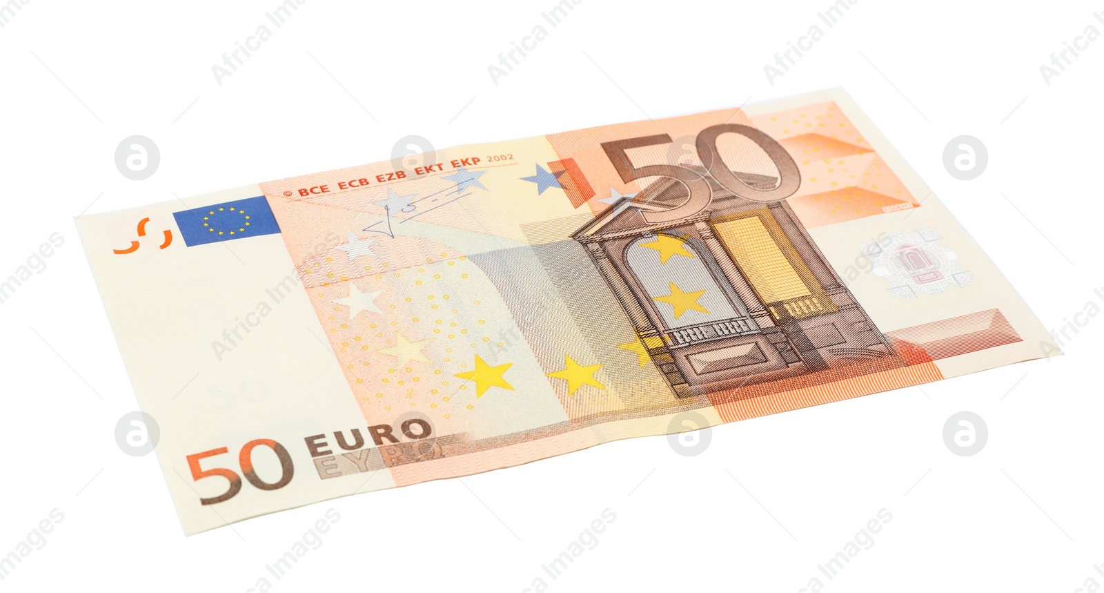 Photo of Fifty Euro banknote lying on white background