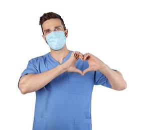 Doctor in protective mask making heart with hands on white background