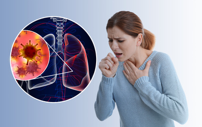 Image of Woman coughing on light background. Human lungs affected with disease