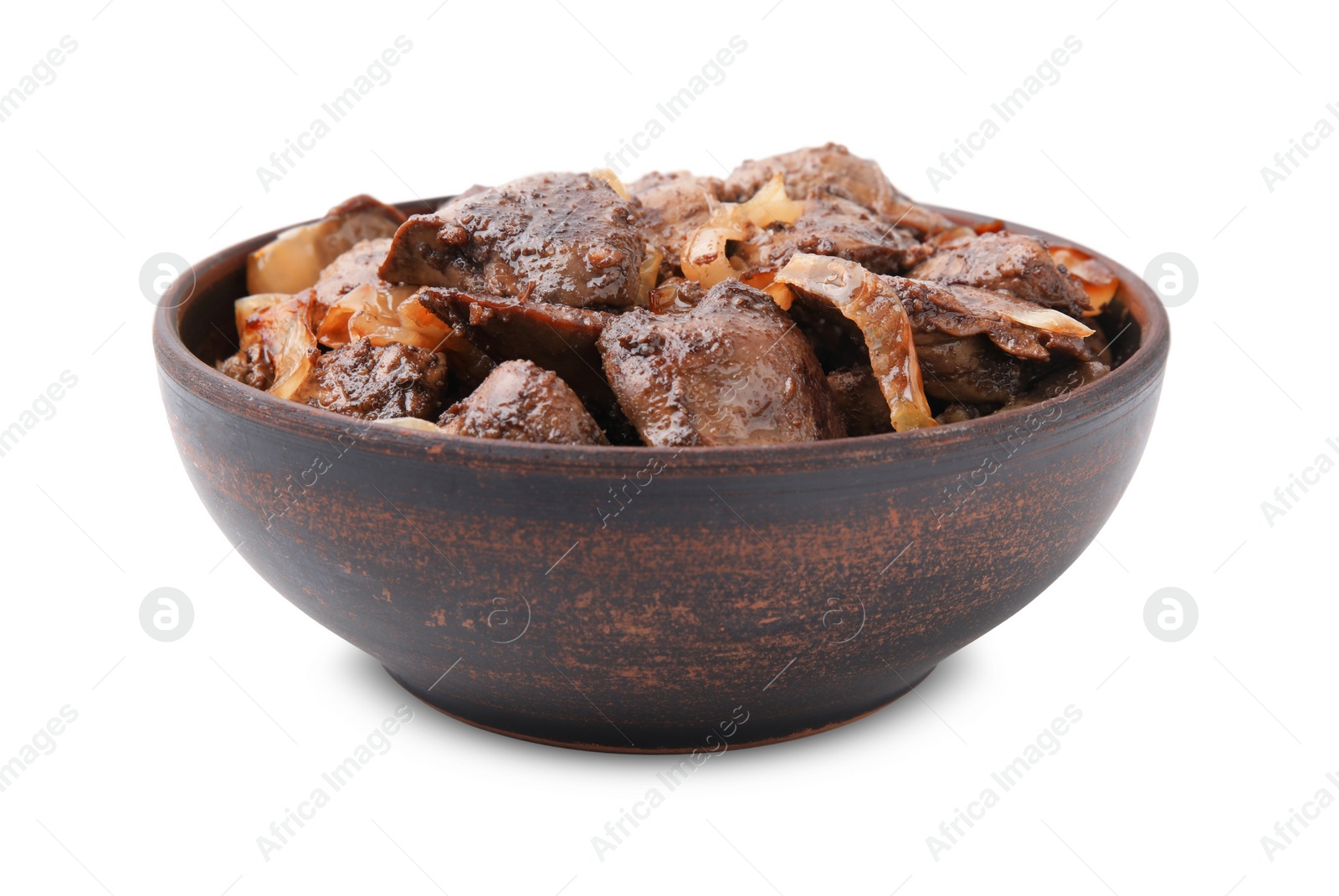 Photo of Tasty fried chicken liver with onion in bowl isolated on white