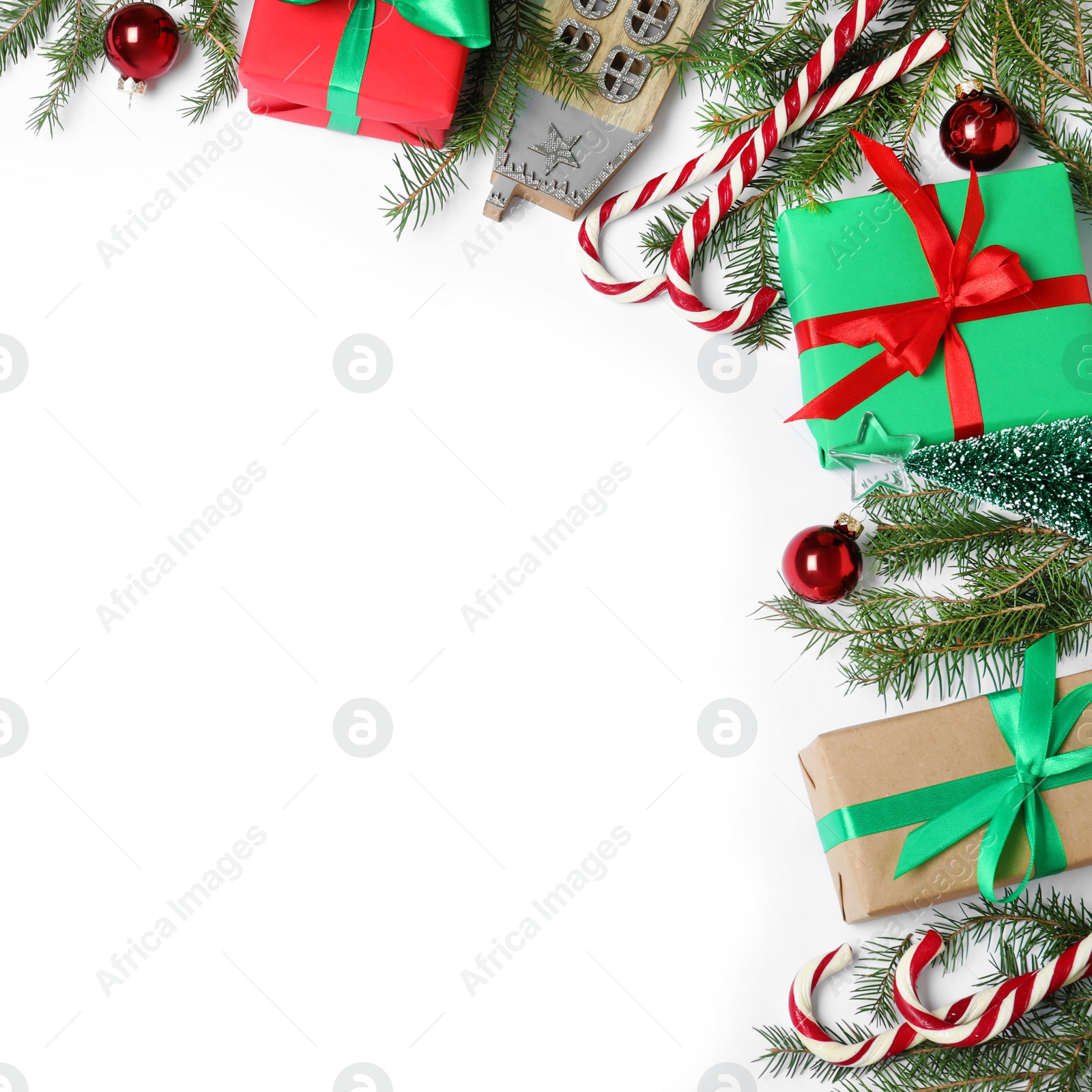 Photo of Composition with Christmas gift boxes on white background, top view