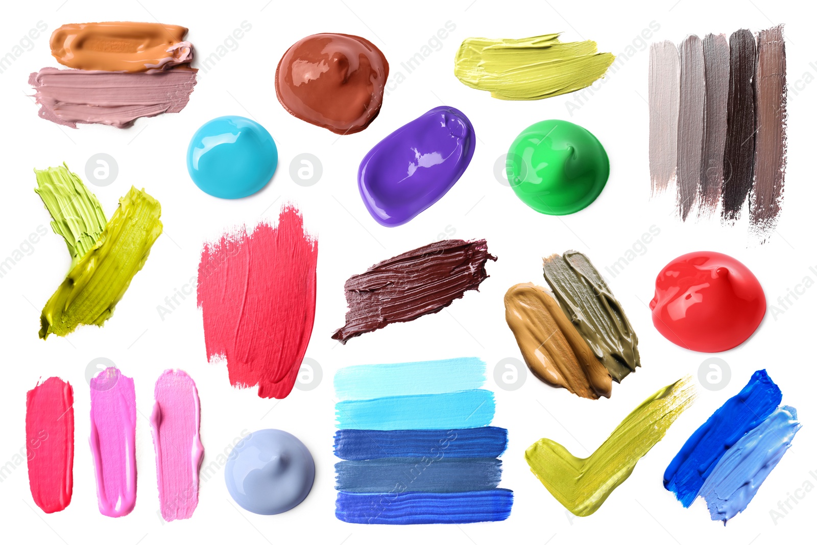 Image of Paint samples of different colors on white background, top view