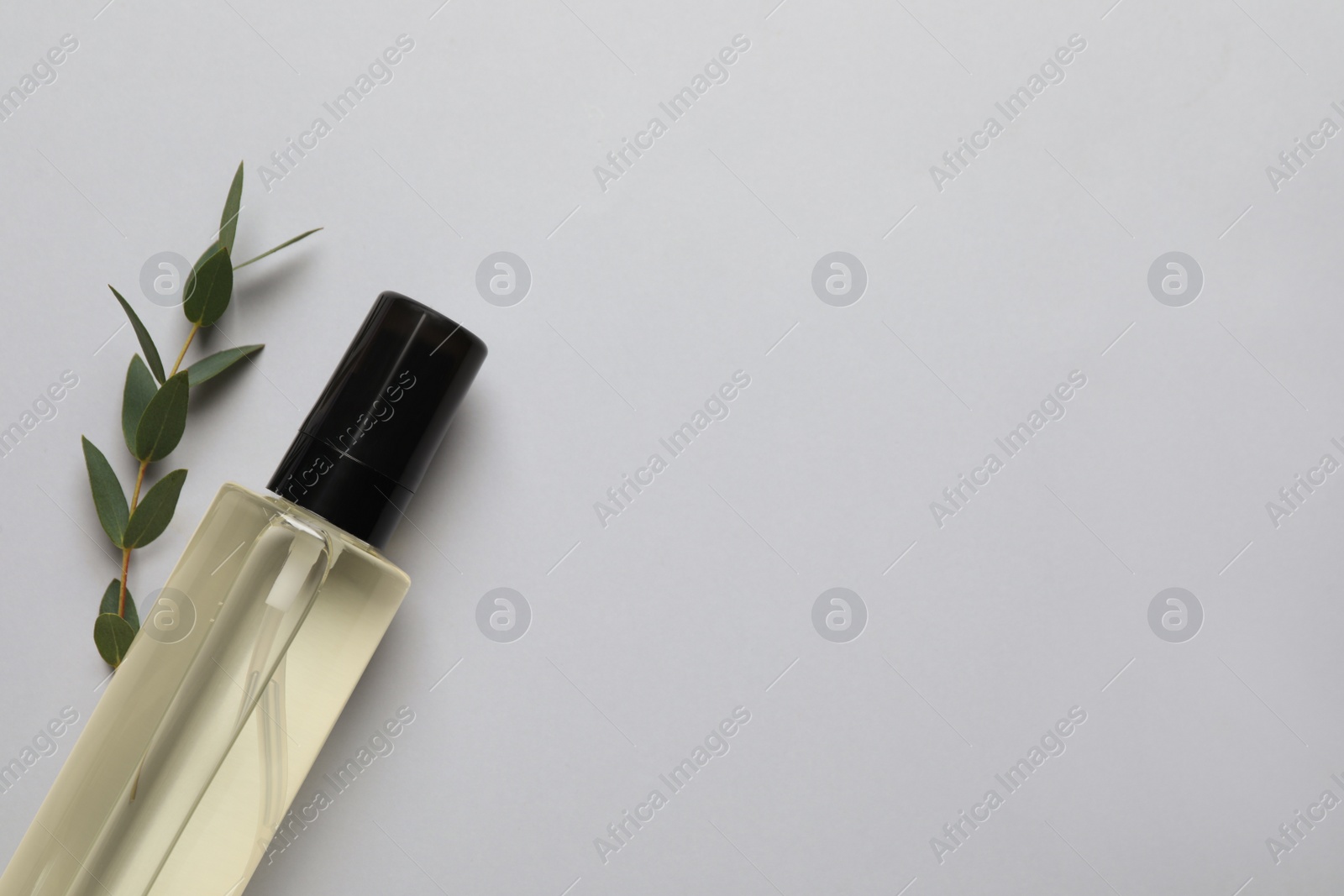 Photo of Bottle of baby oil and leaves on light grey background, flat lay. Space for text